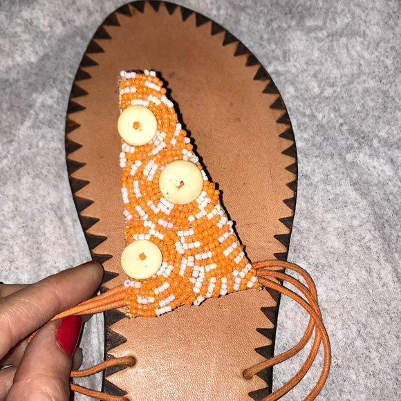 Beautiful orange & white beaded leather thong sandals handmade in New Mexico! 8 - Picture 5 of 8